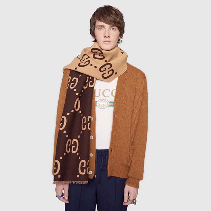 G*u*i unisex gg jacquard wool silk scarf brown beige gg jacquard wool silk
