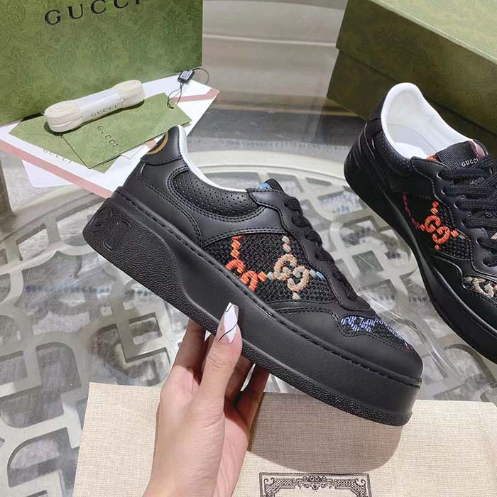 G*u*i unisex gg sneaker black leather multicolor gg fabric mid heel 5.6 cm heel
