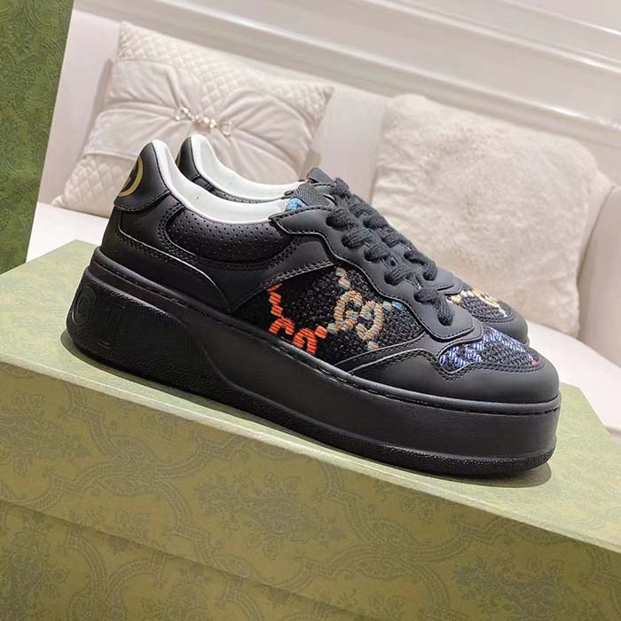 G*u*i unisex gg sneaker black leather multicolor gg fabric mid heel 5.6 cm heel