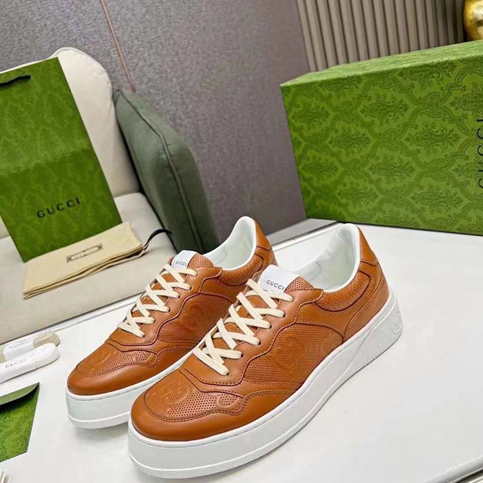 G*u*i unisex gg sneaker interlocking g brown perforated leather rubber mid 5.6 cm heel