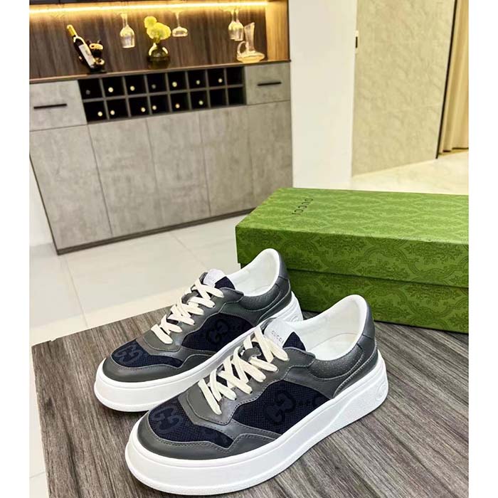 G*u*i unisex lace-up sneaker grey leather blue black gg canvas mid 5.6 cm heel