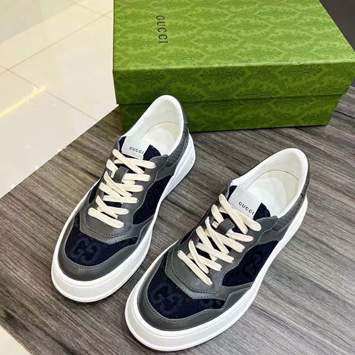G*u*i unisex lace-up sneaker grey leather blue black gg canvas mid 5.6 cm heel
