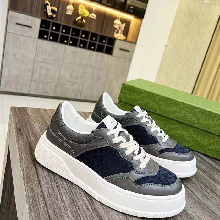 G*u*i unisex lace-up sneaker grey leather blue black gg canvas mid 5.6 cm heel