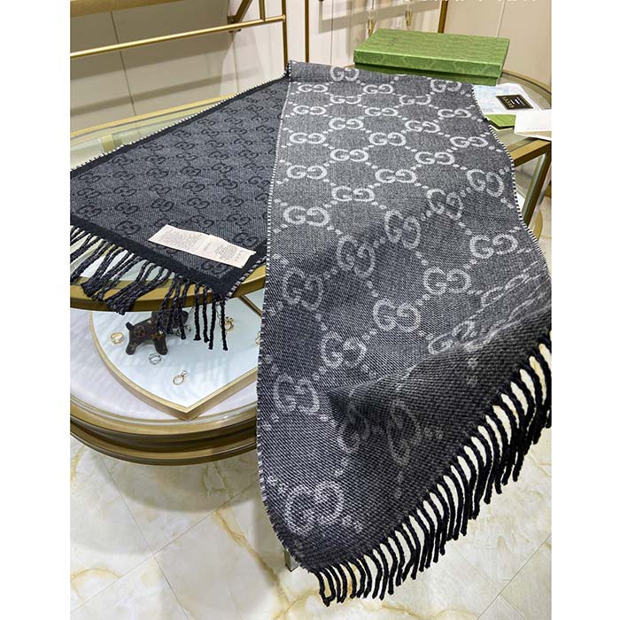 G*u*i unisex gg jcquard pattern knit scarf tassels grey wool light grey gg