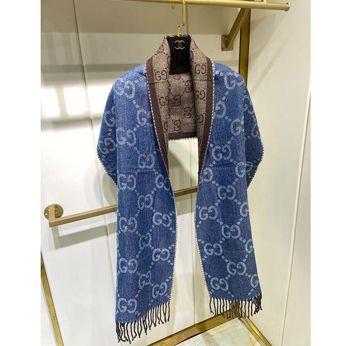 G*u*i unisex original gg jacquard knit scarf tassels navy light brown organic wool