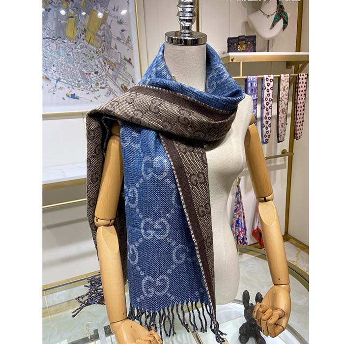 G*u*i unisex original gg jacquard knit scarf tassels navy light brown organic wool