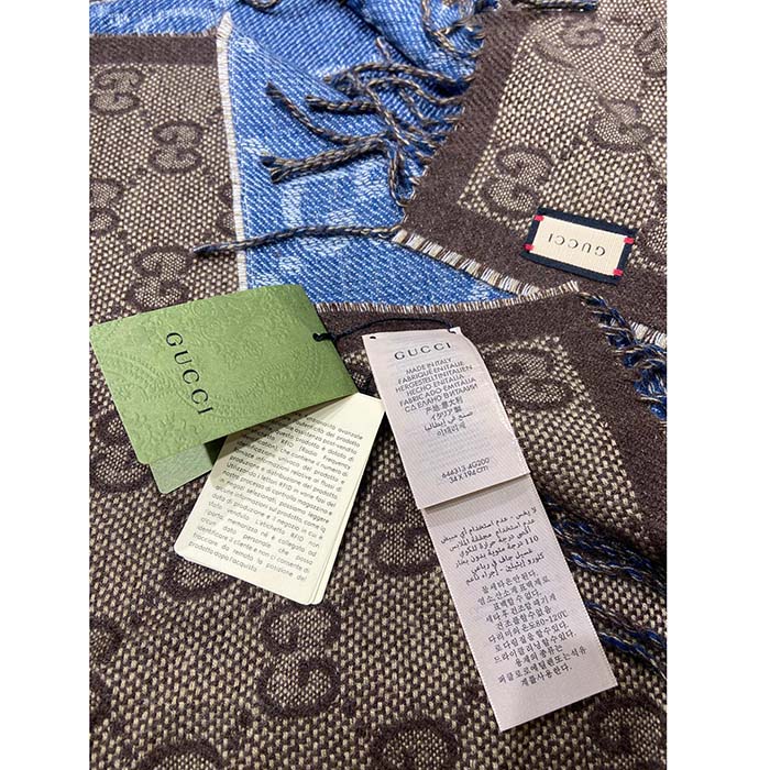 G*u*i unisex original gg jacquard knit scarf tassels navy light brown organic wool