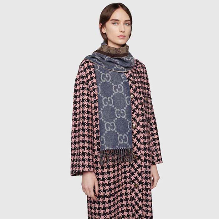 G*u*i unisex original gg jacquard knit scarf tassels navy light brown organic wool