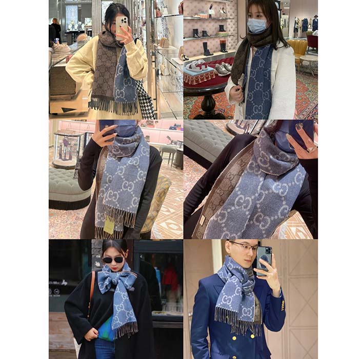 G*u*i unisex original gg jacquard knit scarf tassels navy light brown organic wool