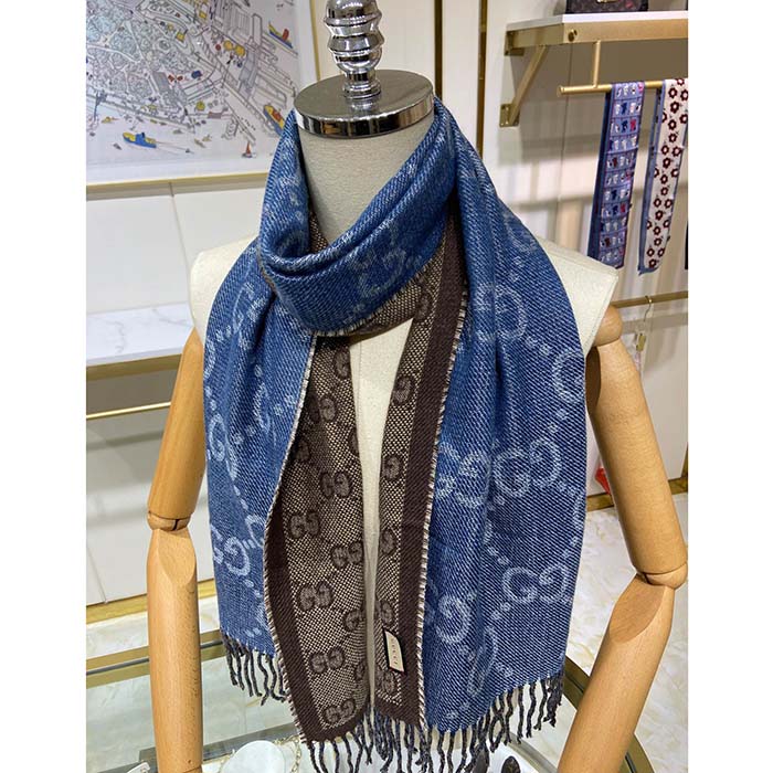 G*u*i unisex original gg jacquard knit scarf tassels navy light brown organic wool
