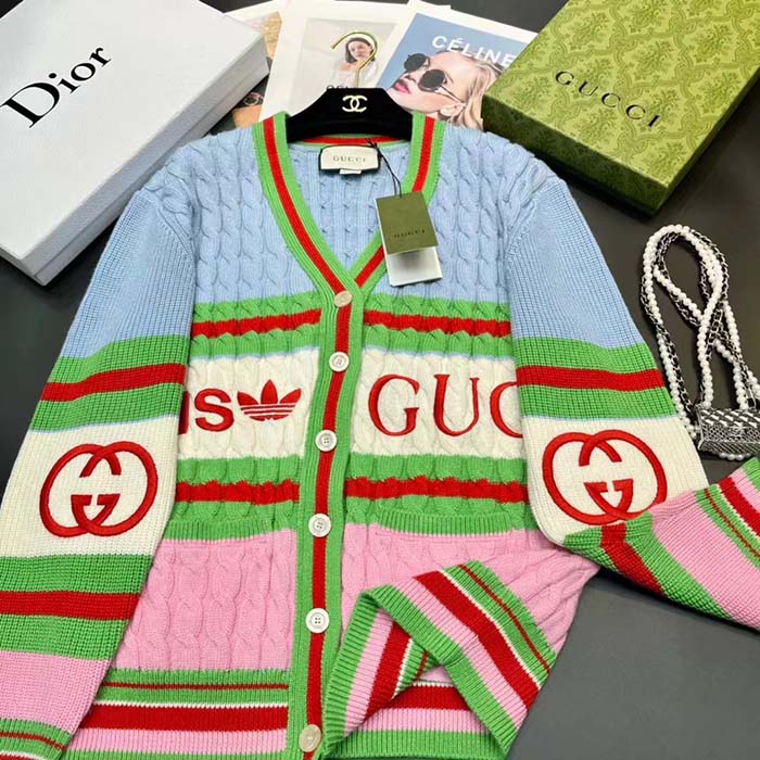 G*u*i men gg adidas x G*u*i wool cardigan pink blue cable stitch v-neck