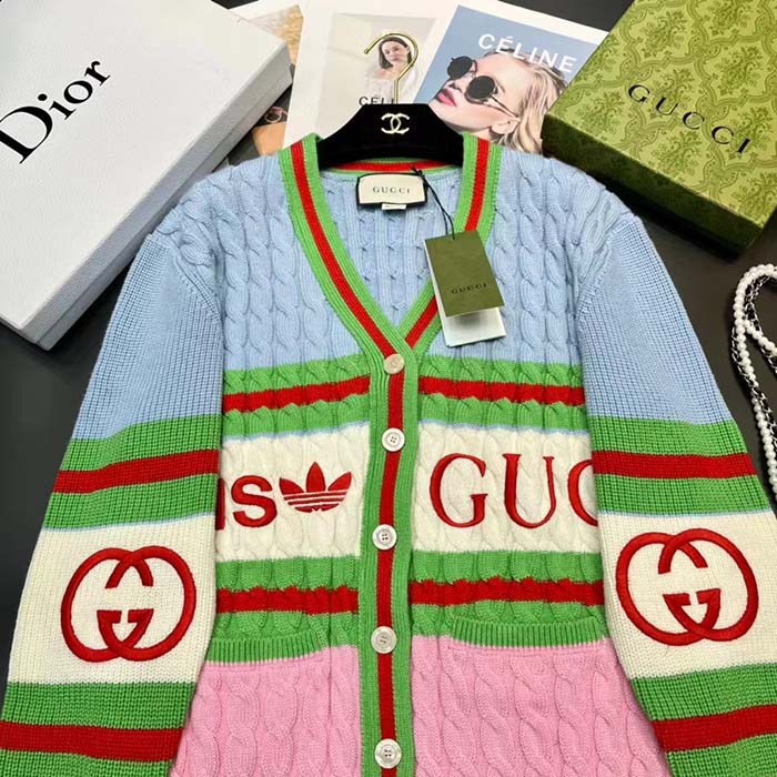 G*u*i men gg adidas x G*u*i wool cardigan pink blue cable stitch v-neck