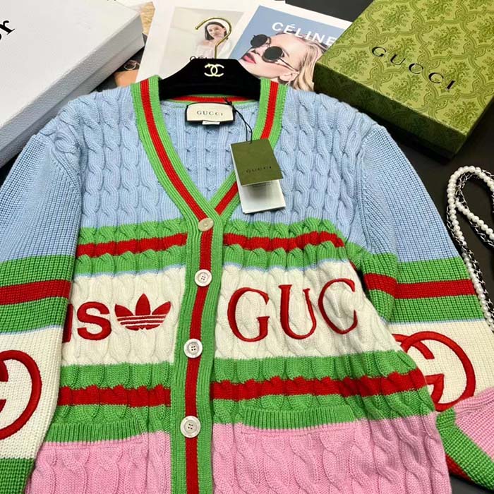 G*u*i men gg adidas x G*u*i wool cardigan pink blue cable stitch v-neck