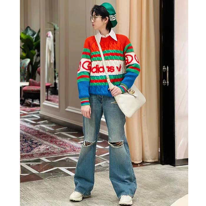 G*u*i women gg adidas x G*u*i wool sweater blue orange cable stitch crewneck