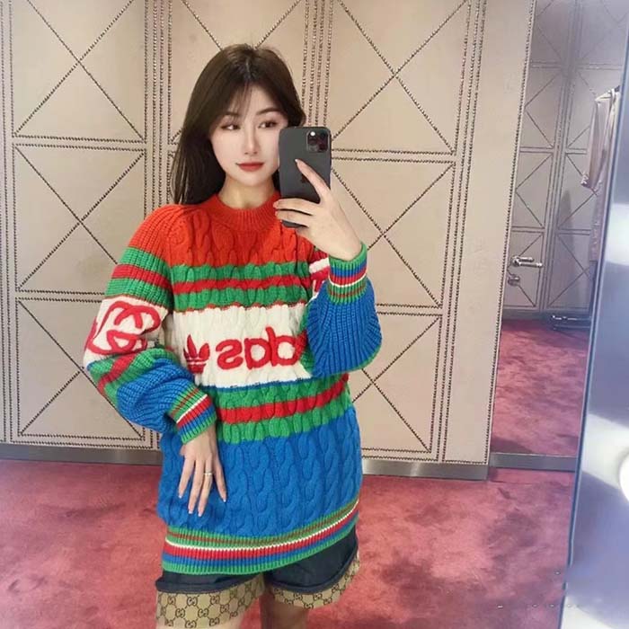 G*u*i women gg adidas x G*u*i wool sweater blue orange cable stitch crewneck