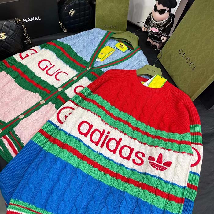 G*u*i men gg adidas x G*u*i wool sweater blue orange cable stitch crewneck