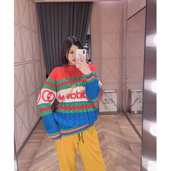 G*u*i women gg adidas x G*u*i wool sweater blue orange cable stitch crewneck