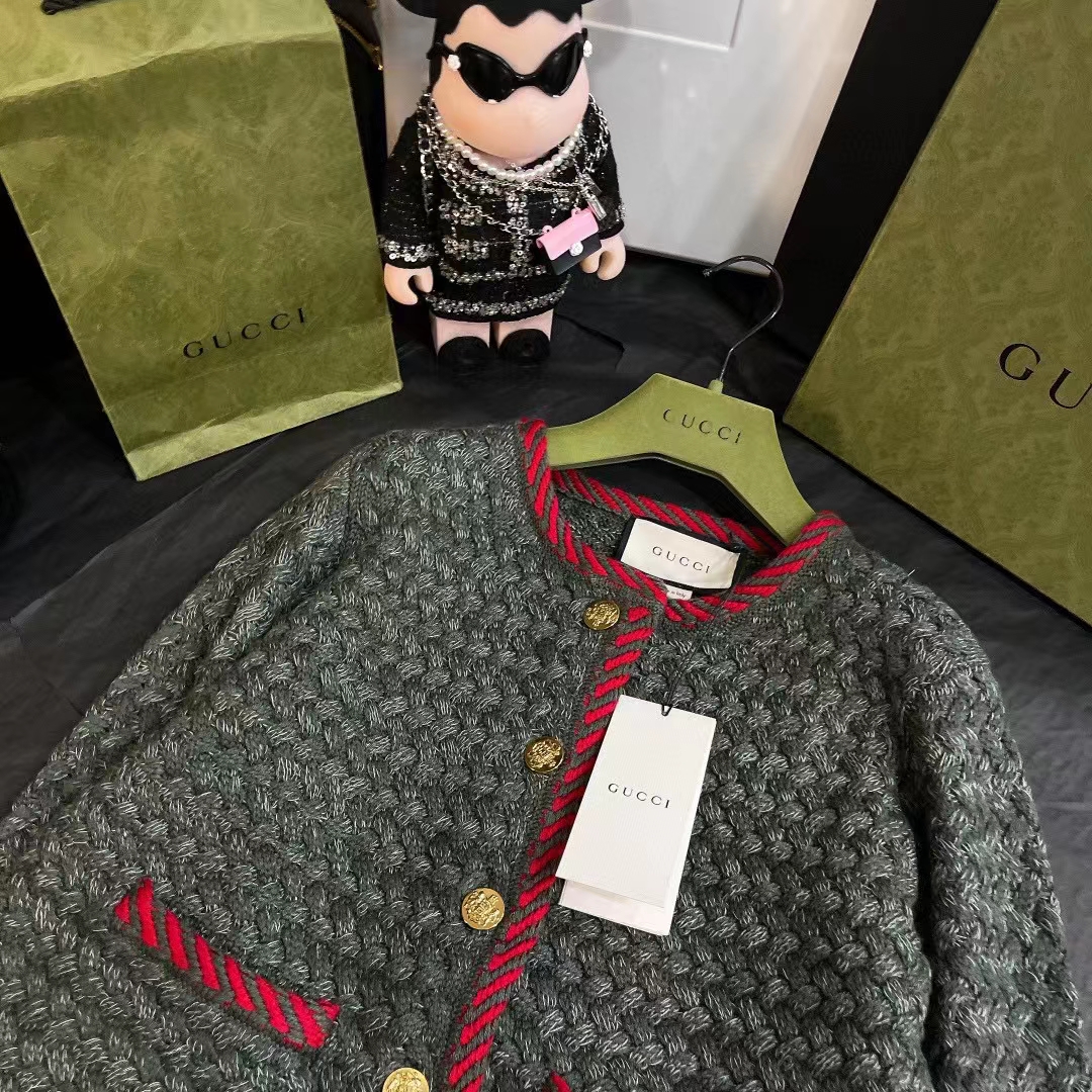 G*u*i women gg cable knit wool jacket dark green collarless wool cotton