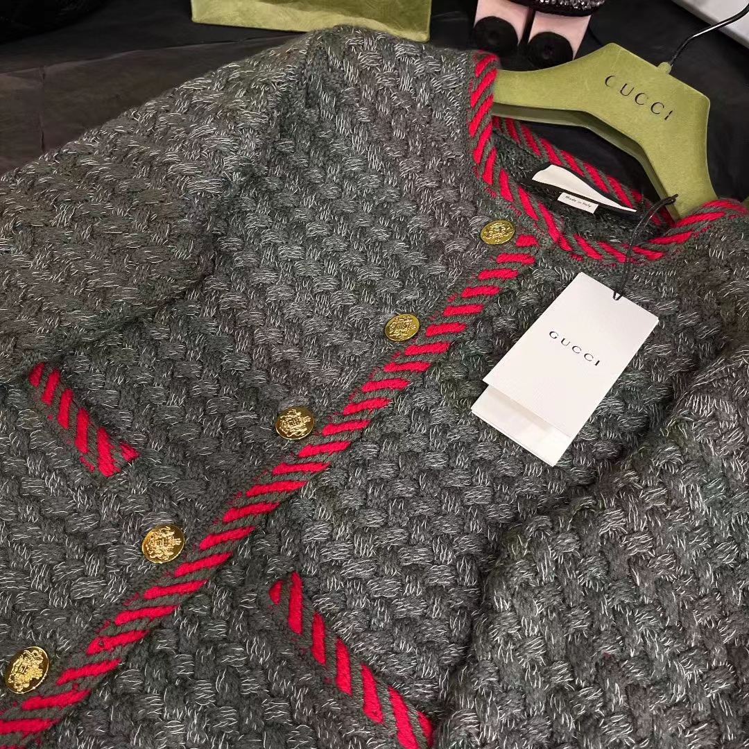 G*u*i women gg cable knit wool jacket dark green collarless wool cotton