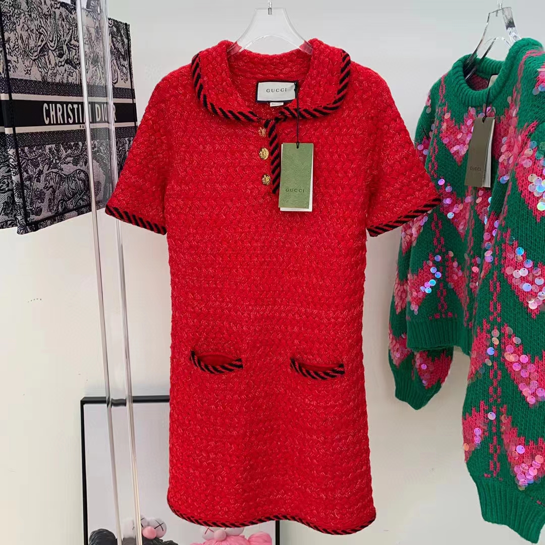 G*u*i women gg cable stitch wool dress red polo collar short sleeves