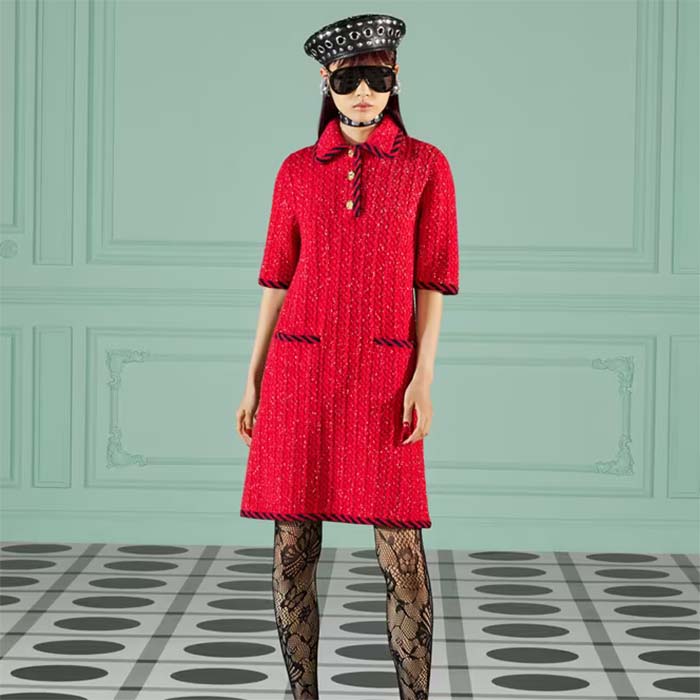 G*u*i women gg cable stitch wool dress red polo collar short sleeves