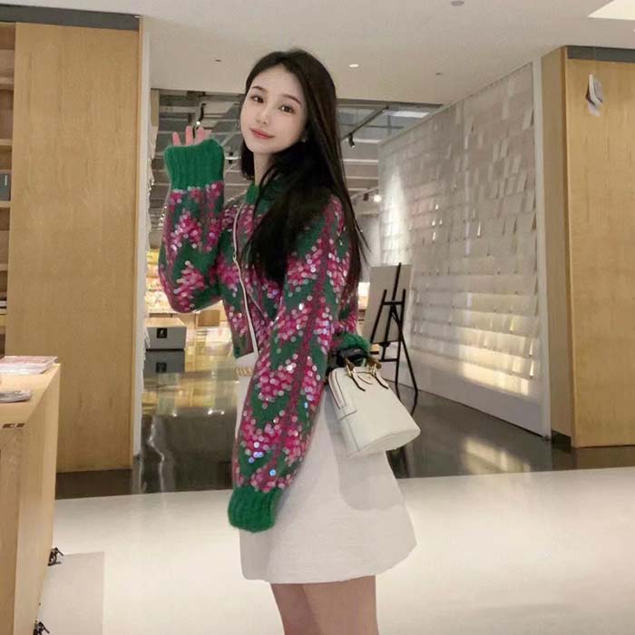 G*u*i women gg chevron wool sequin sweater crewneck mohair polyamide puffed sleeves