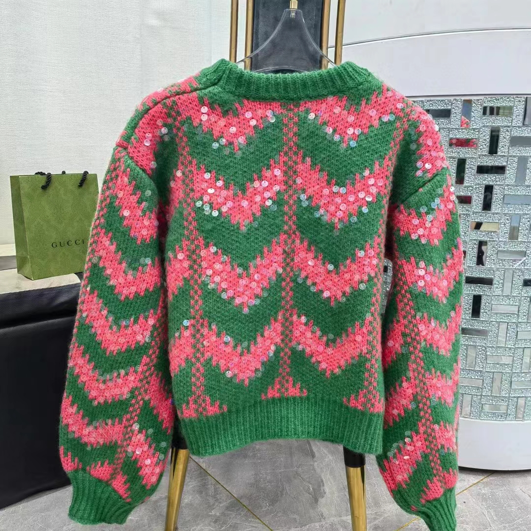 G*u*i women gg chevron wool sequin sweater crewneck mohair polyamide puffed sleeves
