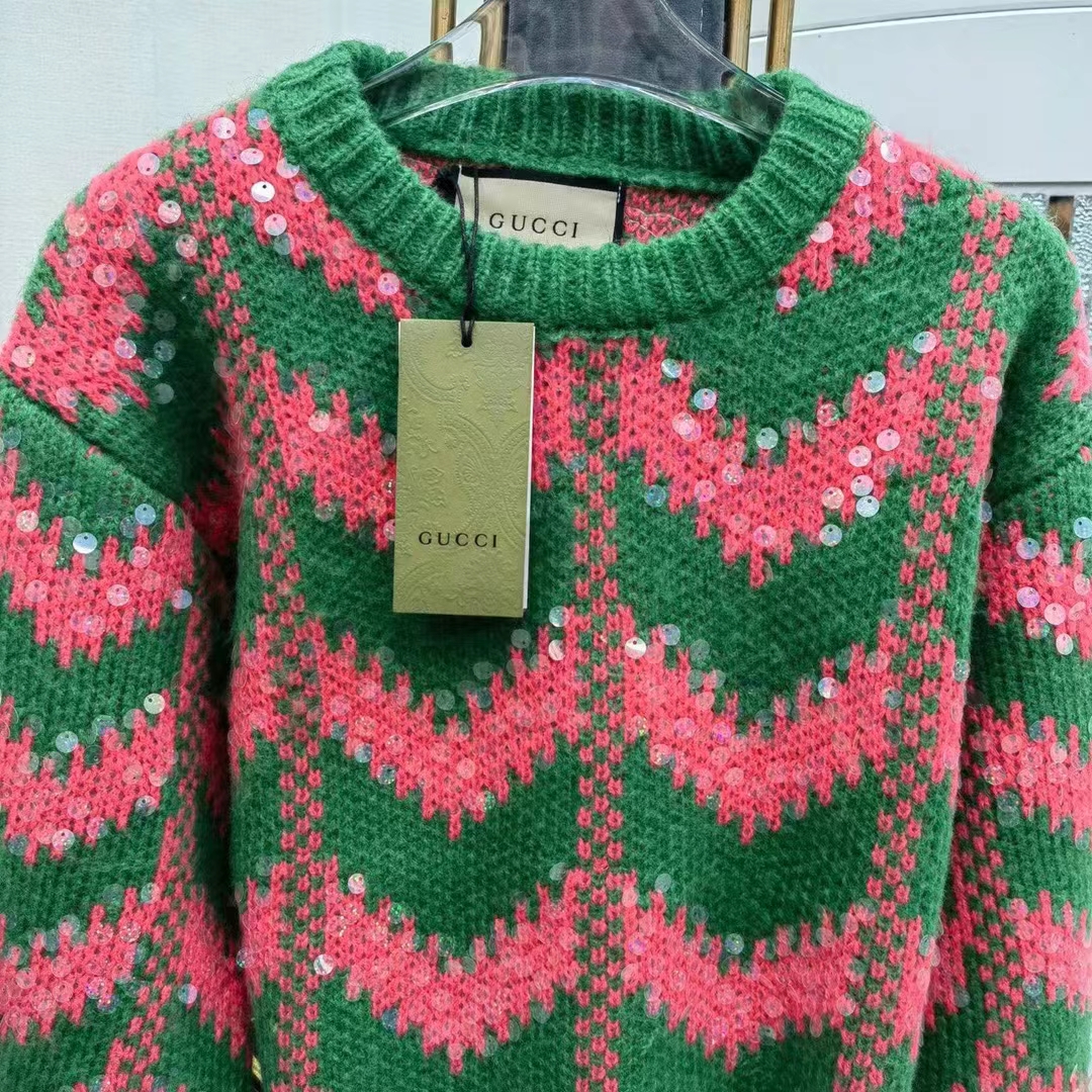 G*u*i women gg chevron wool sequin sweater crewneck mohair polyamide puffed sleeves