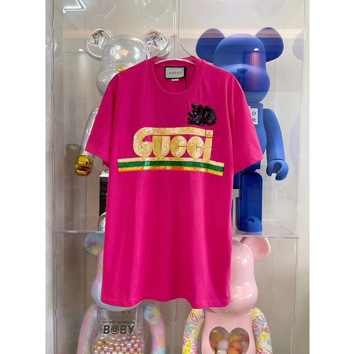 G*u*i men gg cotton t-shirt skunk embroidery fuchsia jersey crewneck short sleeves
