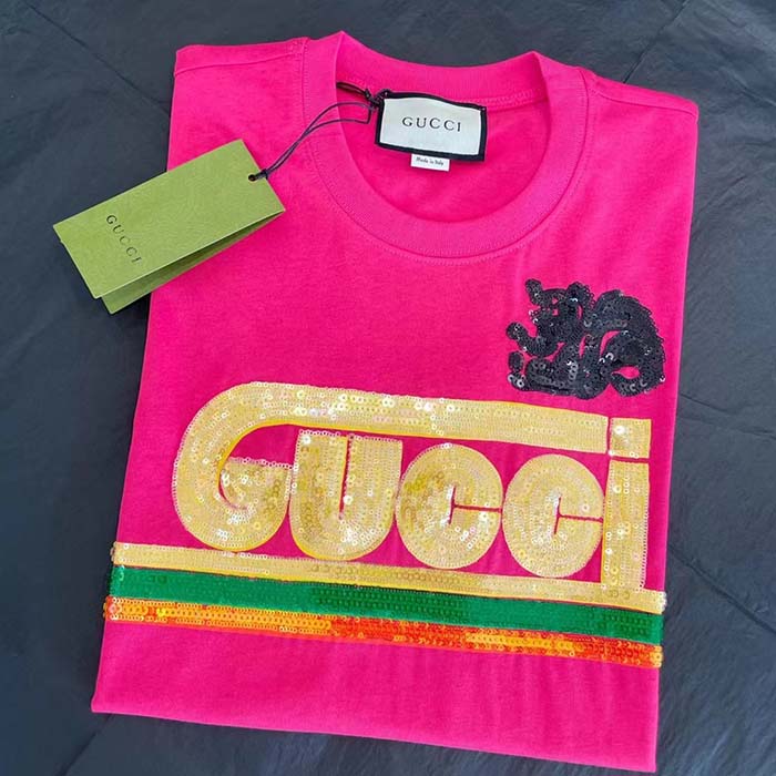 G*u*i men gg cotton t-shirt skunk embroidery fuchsia jersey crewneck short sleeves