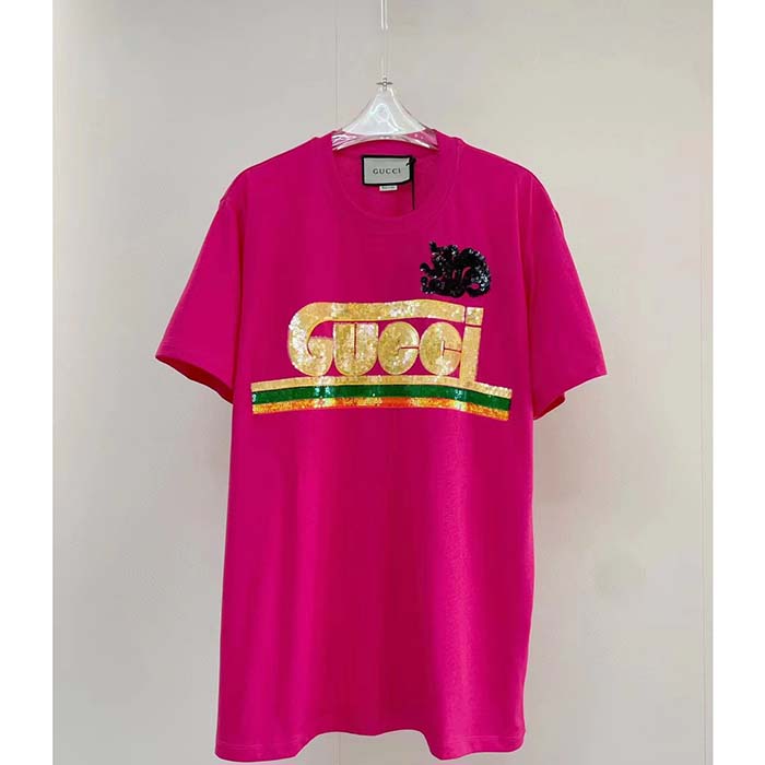 G*u*i men gg cotton t-shirt skunk embroidery fuchsia jersey crewneck short sleeves