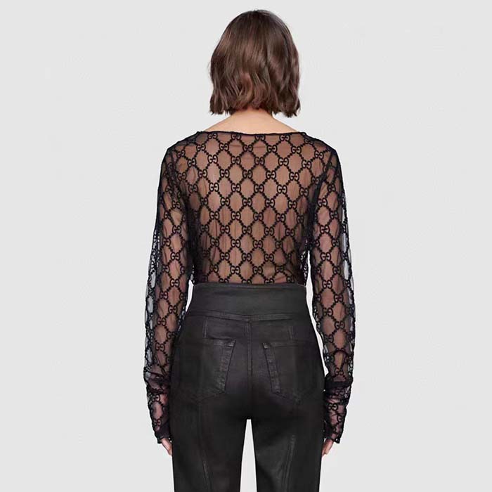 G*u*i women gg embroidered tulle t-shirt black long sleeve fitted cotton