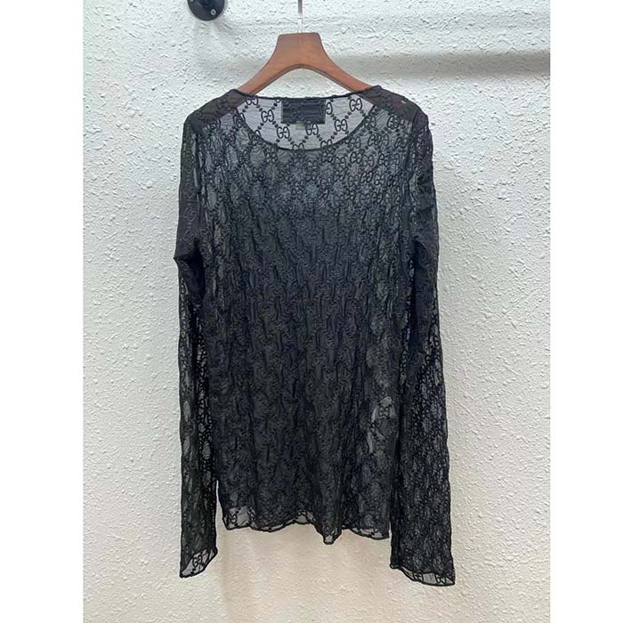 G*u*i women gg embroidered tulle t-shirt black long sleeve fitted cotton