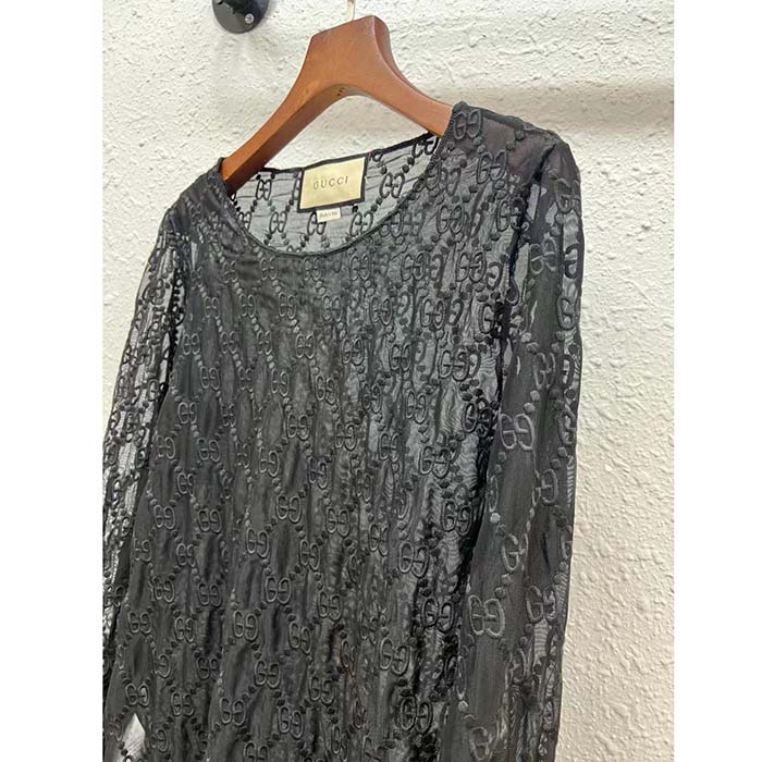 G*u*i women gg embroidered tulle t-shirt black long sleeve fitted cotton