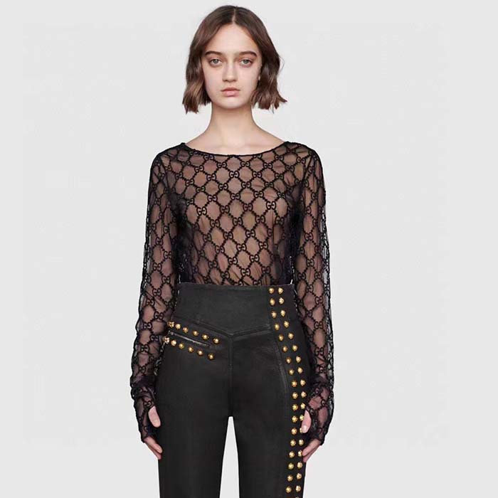 G*u*i women gg embroidered tulle t-shirt black long sleeve fitted cotton