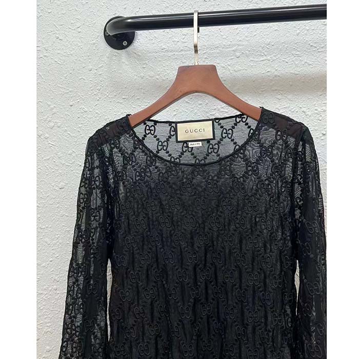 G*u*i women gg embroidered tulle t-shirt black long sleeve fitted cotton