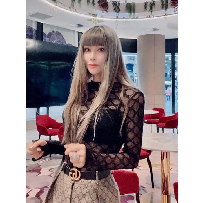 G*u*i women gg embroidered tulle t-shirt black long sleeve fitted cotton