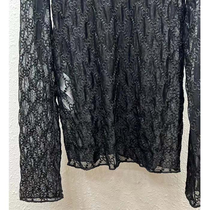 G*u*i women gg embroidered tulle t-shirt black long sleeve fitted cotton
