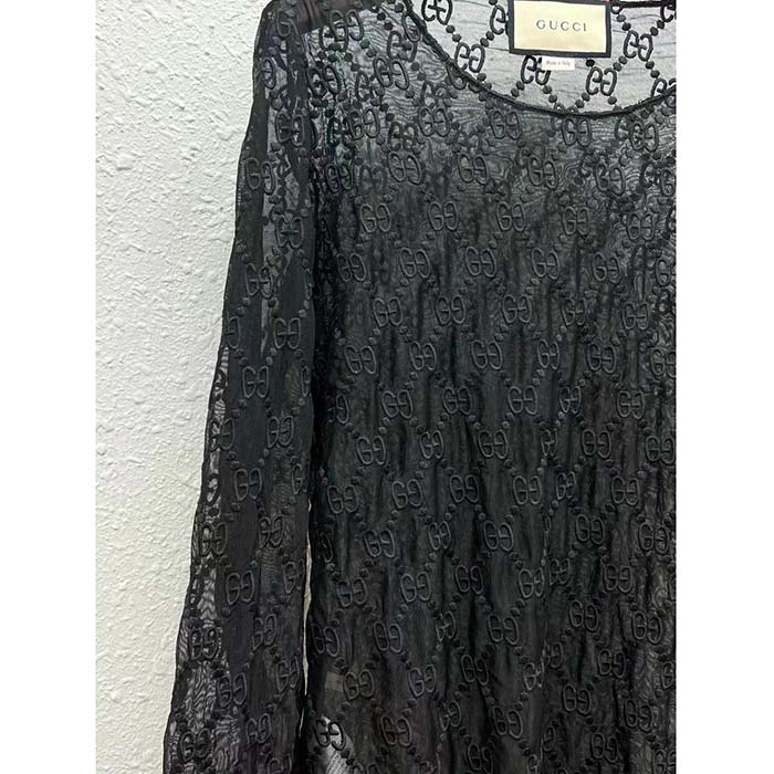 G*u*i women gg embroidered tulle t-shirt black long sleeve fitted cotton