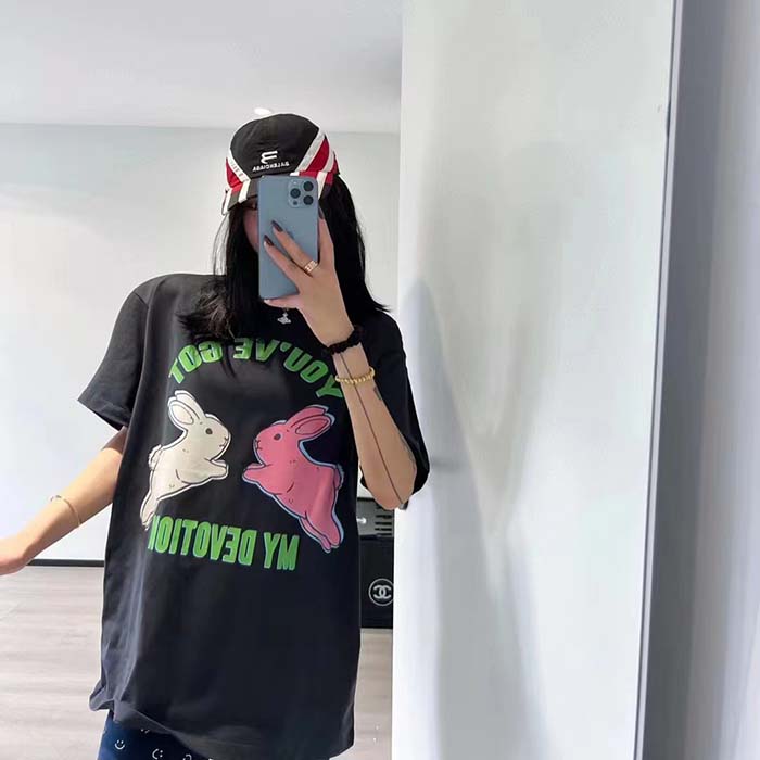 G*u*i women gg ha ha ha bunny t-shirt black medium cotton jersey crewneck