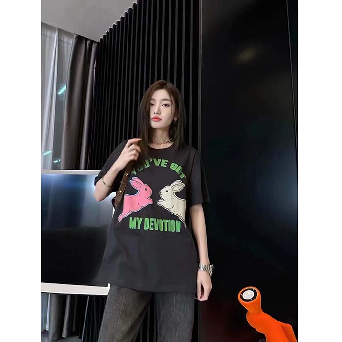 G*u*i women gg ha ha ha bunny t-shirt black medium cotton jersey crewneck