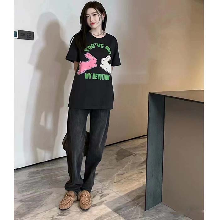 G*u*i women gg ha ha ha bunny t-shirt black medium cotton jersey crewneck