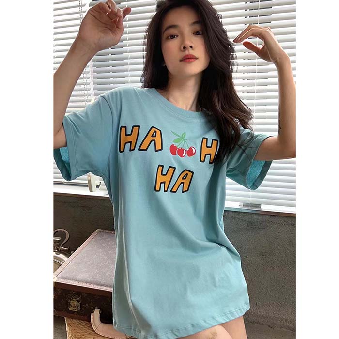 G*u*i women gg ha ha ha cherry t-shirt light blue medium cotton jersey crewneck