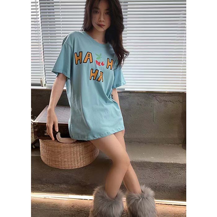 G*u*i women gg ha ha ha cherry t-shirt light blue medium cotton jersey crewneck