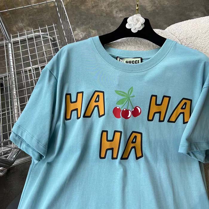 G*u*i men gg ha ha ha cherry t-shirt light blue medium cotton jersey crewneck