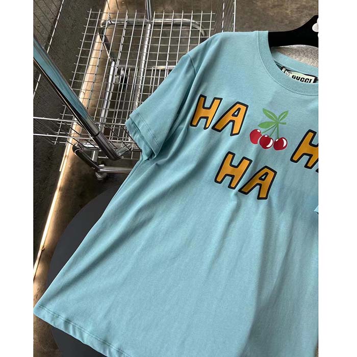 G*u*i men gg ha ha ha cherry t-shirt light blue medium cotton jersey crewneck