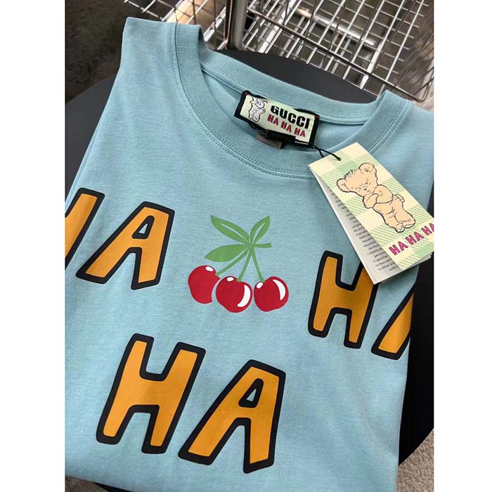 G*u*i men gg ha ha ha cherry t-shirt light blue medium cotton jersey crewneck
