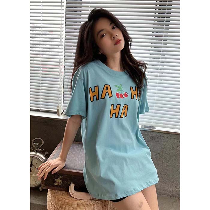 G*u*i women gg ha ha ha cherry t-shirt light blue medium cotton jersey crewneck