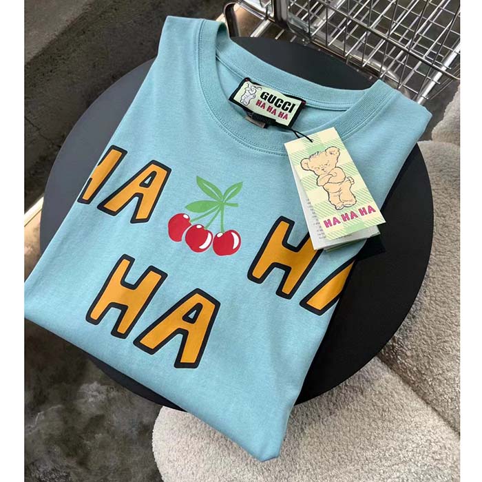 G*u*i men gg ha ha ha cherry t-shirt light blue medium cotton jersey crewneck