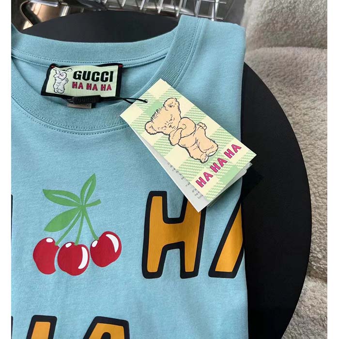 G*u*i men gg ha ha ha cherry t-shirt light blue medium cotton jersey crewneck